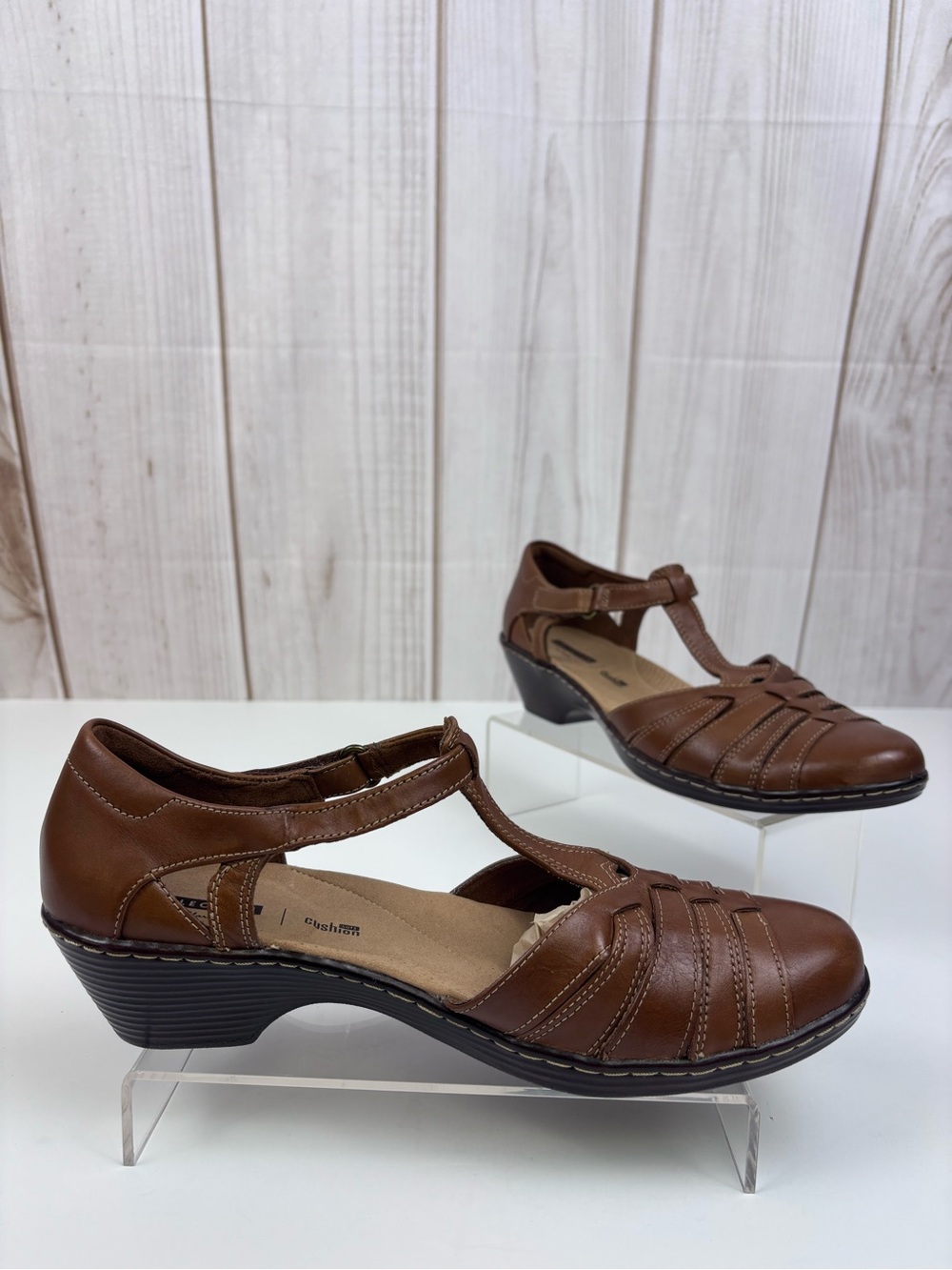Clarks Wendy Alto Leather Shoes T-Strap Low Wedge Casual Dress Shoe Brown Sz 10 - Picture 2 of 14